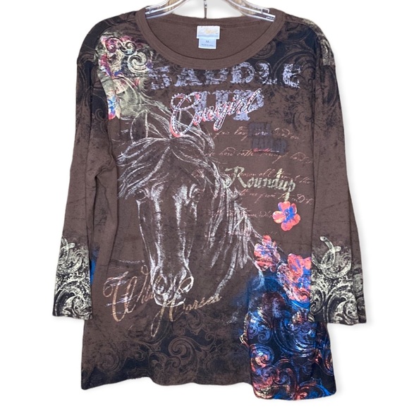 Artisans Inc Tops - Artisans Inc | Brown Cowgirl Top Embellished Sublimation Horse Design XL
